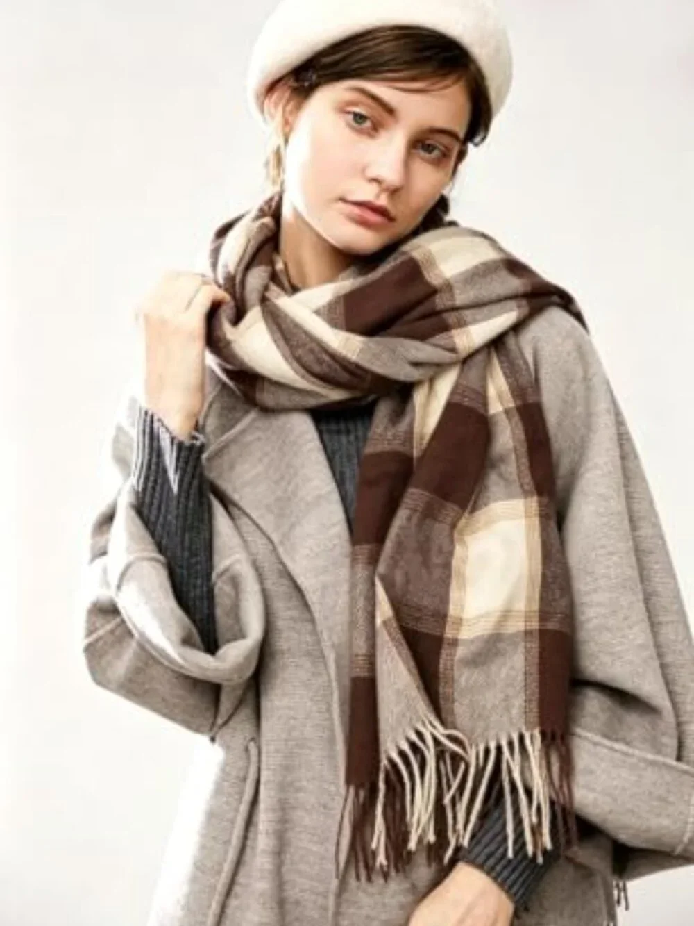 Chunky Plaid Blanket Scarf Shawl Wrap with Fringe - Soft Polyester Winter Scarf